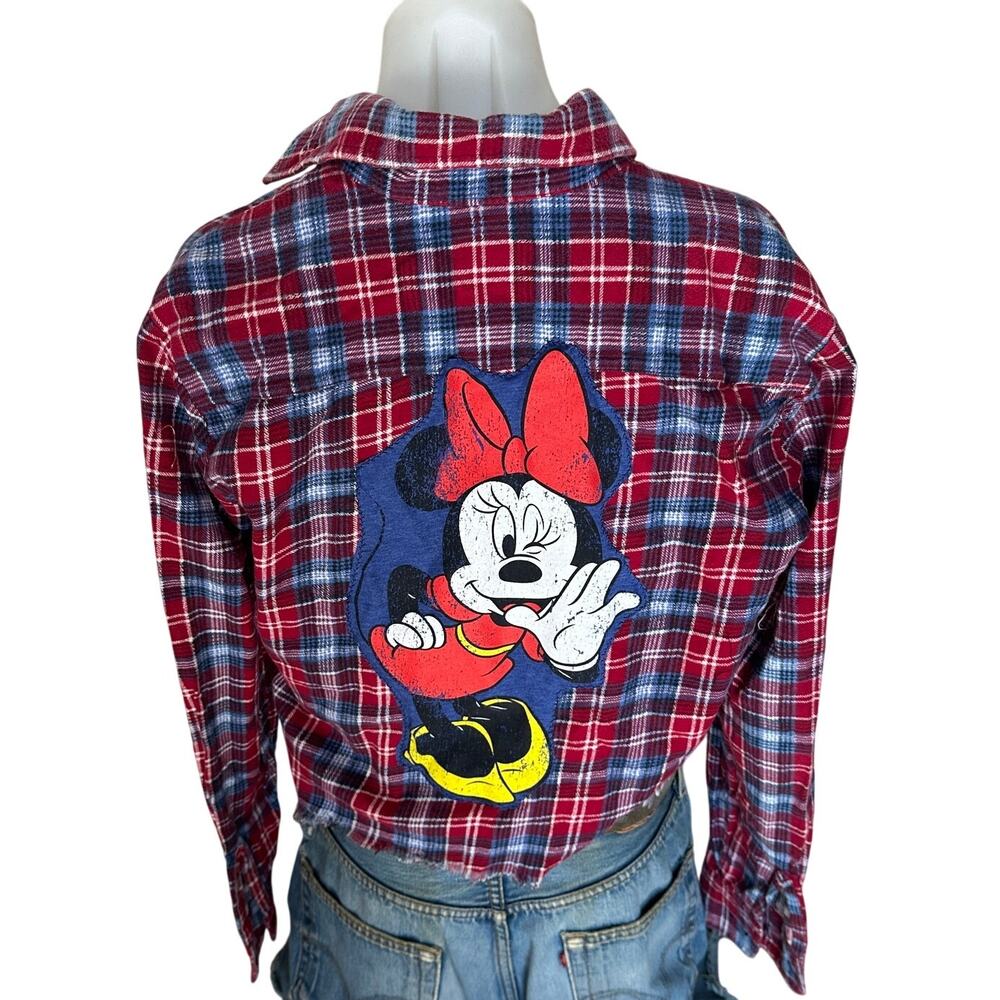 Minnie Mouse Plaid Flannel Shirt SMALL Oversized Cropped Unique Upcycled Disney